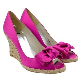 STUART WEITZMAN Fuchsia Pink Satin Espadrille Wedges w/Bow, Size: 8.5